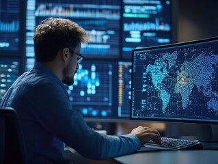 Fototapeta premium Man analyzing data trends with world map, night mode