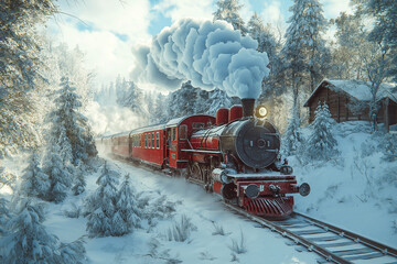 A red retro steam train with smoke coming out of the chimney is driving through a snowy forest in the style of a German winter landscape.