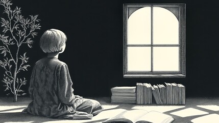 A detailed black and white pencil illustration capturing a serene moment of a child sitting on the floor, gazing out of a window. Surrounded by books in a dimly lit room