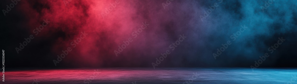Poster a vibrant stage backdrop with swirling red and blue fog creating a dynamic atmosphere, perfect for p