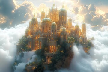 Fototapeta premium enchanted city of paradise floating amidst fluffy clouds with radiant golden spires and lush gardens portraying an idealized afterlife steeped in serene christianity symbolism