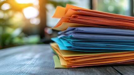 A vibrant stack of colorful documents displaying a mix of orange, blue, and yellow files, resting on a wooden table with soft natural lighting.