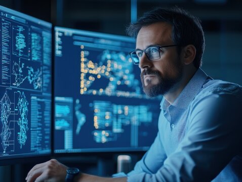 Focused professional analyzing data on multiple screens