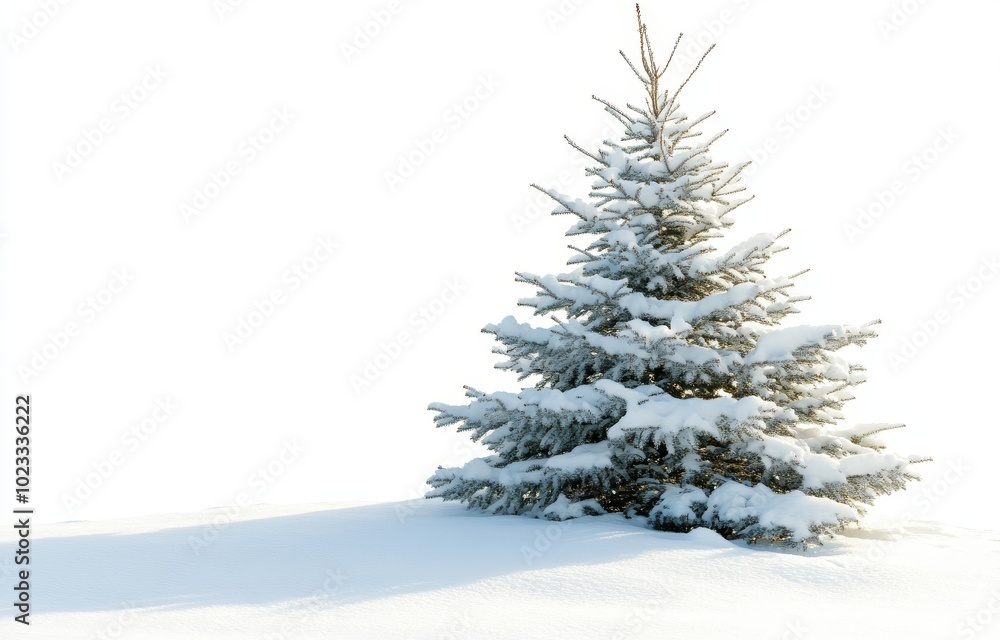 Poster there is space for text on a snowy background with a fir tree covered in snow