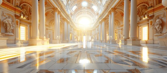 Obraz premium Stunning interior of an opulent marble palace hall with an intricate domed ceiling ornamental columns and lavish Renaissance style decor The grand majestic space is filled with an ethereal divine