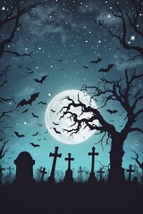 Halloween Graveyard with Full Moon and Bats.