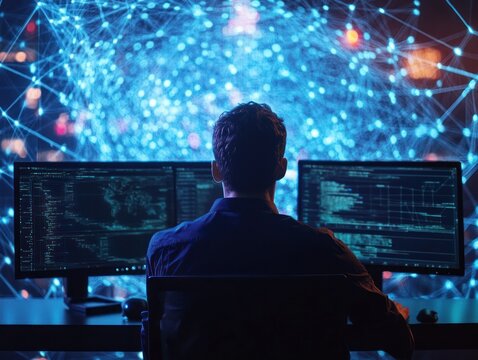 Coder amidst digital network on dual monitors view.
