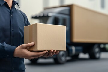 Delivery person holding a package near a delivery truck. 3D Illustration