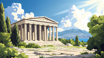 Modern illustration of ancient greek temple with marble pillars and cracked stones in summer landscape. green trees, bushes, blue river, sunshine fill the sky. Ancient Greek Temple. Illustration