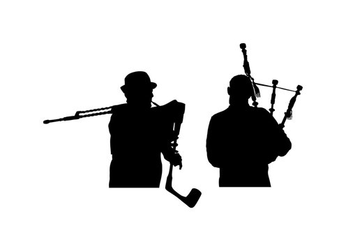 black silhouettes of bagpipers playing music clip art preview