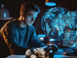 Young man studying a glowing digital world model