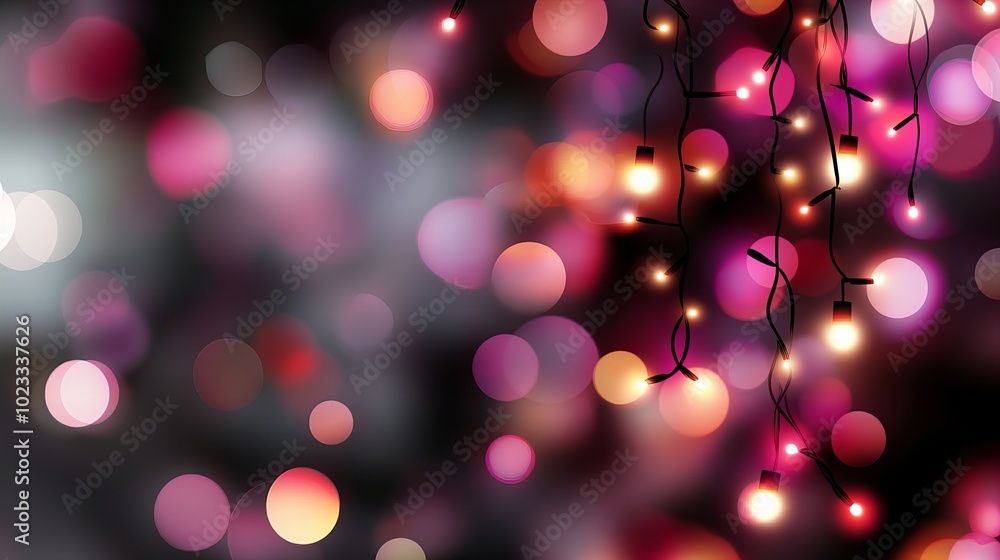 Poster warm white string lights illuminate a dark background with pink and orange bokeh.