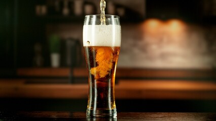 Close-up of beer pouring into pint , freeze motion.