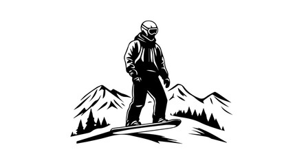Black and white illustration of snowboarding concept. Extreme. Snowboarder.