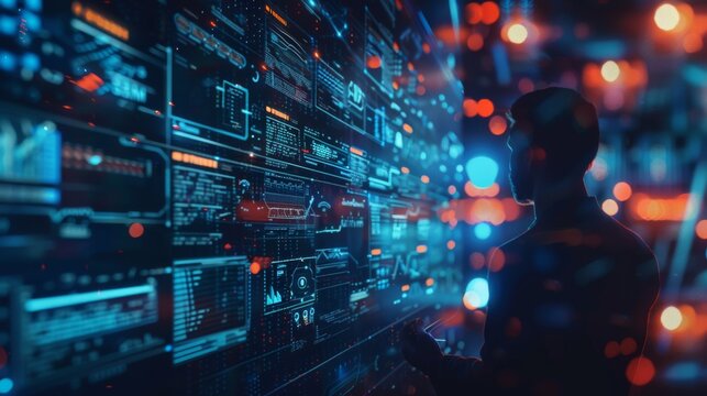 Big data analytics with AI technology. Data analyst analyzing and visualizing complex information network with artificial intelligence. Machine learning algorithm for business analytics and finance.