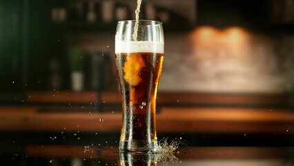 Close-up of beer pouring into pint , freeze motion.