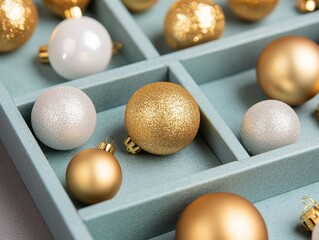 Gold and white Christmas ornaments on a blue tray.