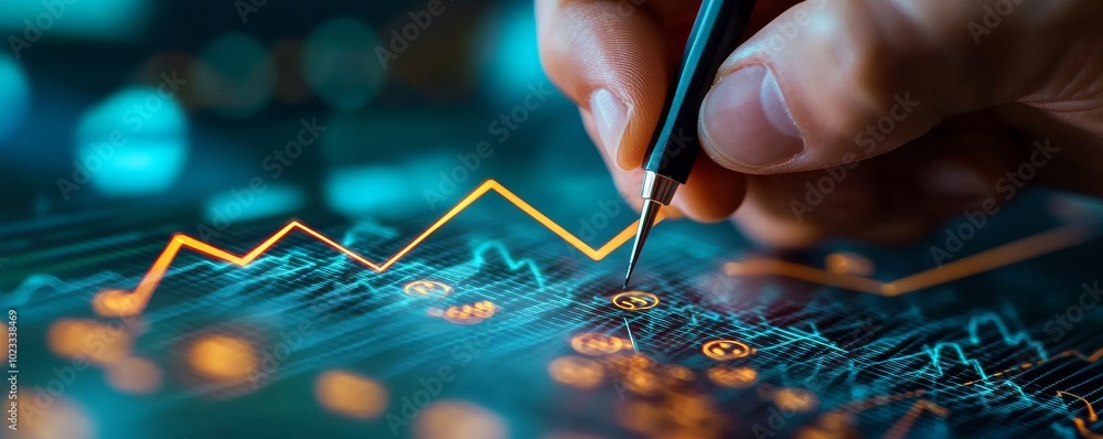 Aufkleber hand analyzing financial data with digital graphs.