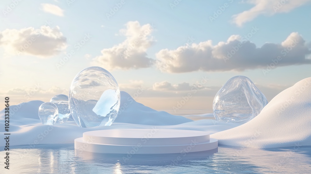 Poster serene view of floating ice formations in a tranquil scene at dusk, reflecting softly on the calm wa