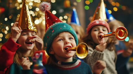 Children wearing festive hats and blowing party horns, excitedly counting down to the new year together.
