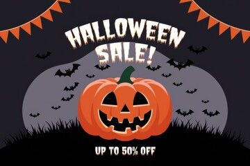 Halloween Sale Promotion Banner Carved Pumpkin Bats - Eye-catching Graphic Spooky October Discounts Holiday Advertising