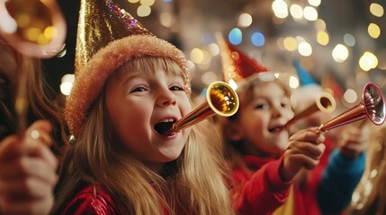 Children wearing festive hats and blowing party horns, excitedly counting down to the new year together.