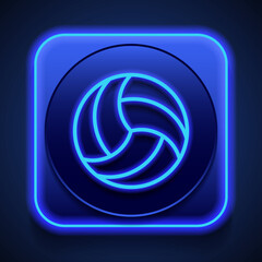 Volleyball simple icon vector. Flat design. Blue neon style on button. With shadow