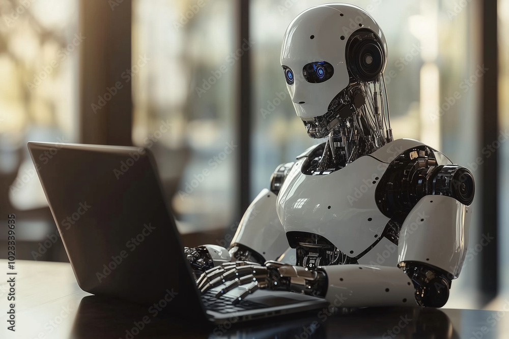 Poster robot is sitting at a desk and using a laptop. the robot is white and black and has a human-like app