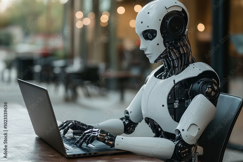 Poster robot is sitting at a table with a laptop, typing on the keyboard. the robot has a human-like appear