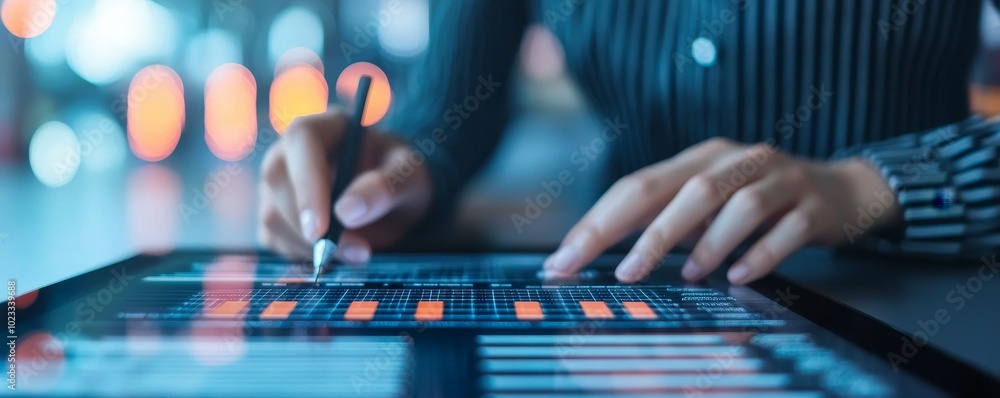 Poster person using tablet for data analysis in a modern setting