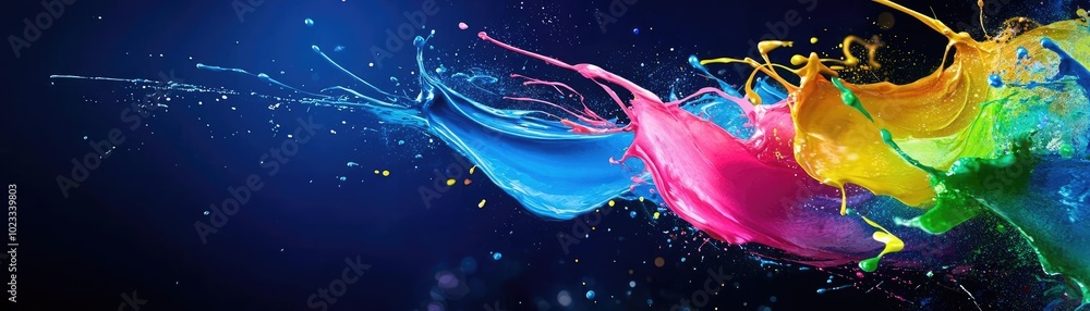 Poster vibrant splash of colors in motion, creating a dynamic and artistic background with a blend of blue,