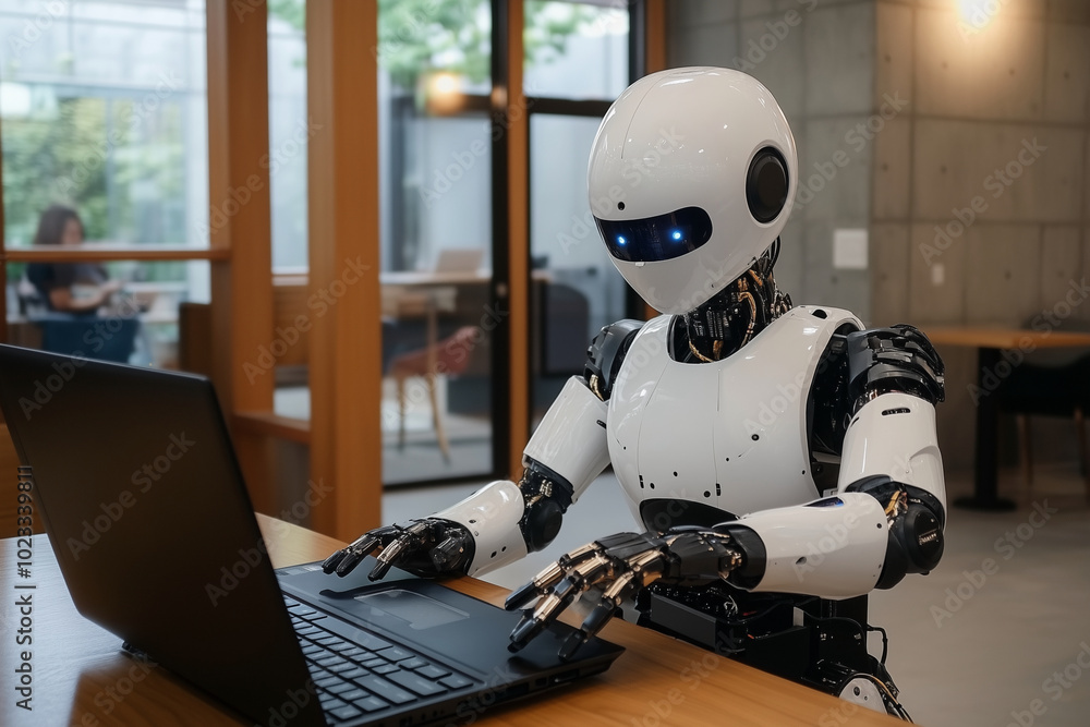 Poster robot is sitting at a table with a laptop, typing on the keyboard. the robot has a human-like appear