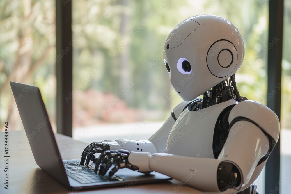 Poster robot is sitting at a desk and using a laptop. the robot is white and black and has a human-like app