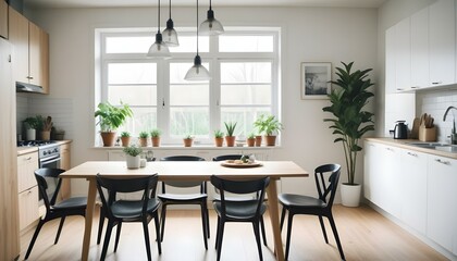 a Scandinavian home interior featuring minimalist furniture in natural wood tones, large windows allowing ample daylight, a cozy seating area with a light grey sofa, a textured white rug on a wooden f