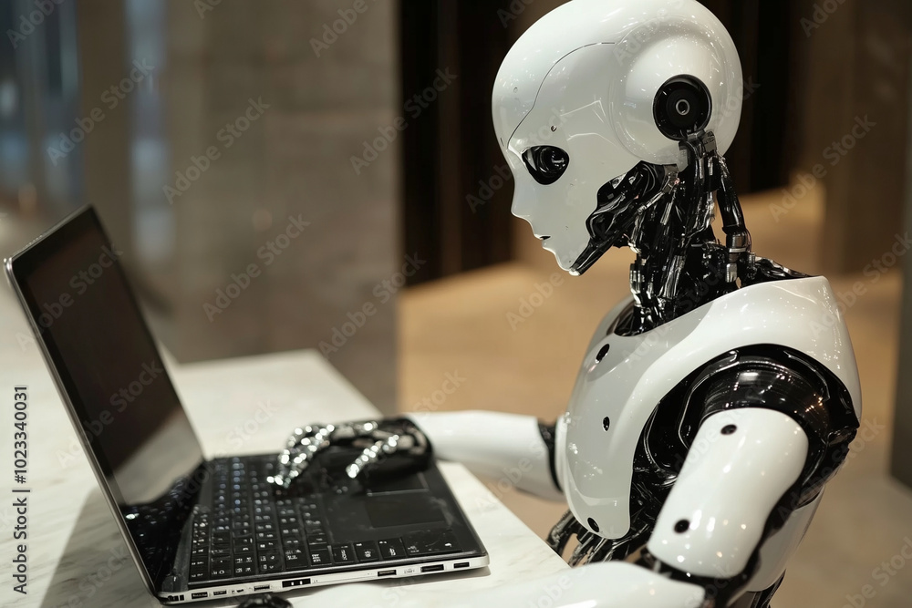 Poster robot is sitting at a desk and using a laptop. the robot is white and black and has a human-like app