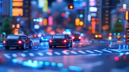A vibrant city scene at night featuring miniature cars and illuminated buildings.