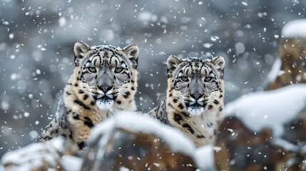Fototapeta premium Majestic Snow Leopard Blending into Snowy Rocky Habitat with Focused Eyes