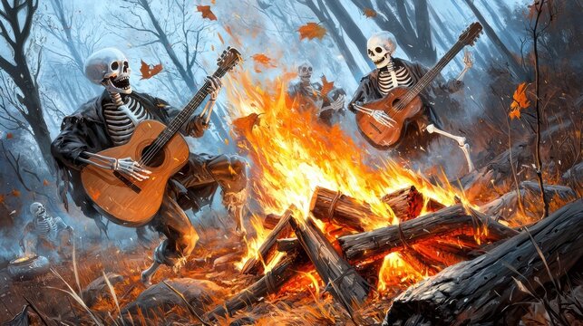 Skeleton Musicians Enjoying a Campfire Jam Session