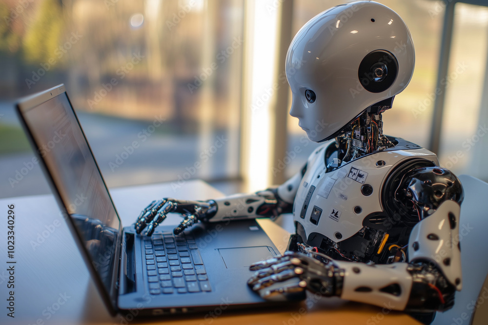 Poster robot is sitting at a desk and using a laptop. the robot is white and black and has a human-like app