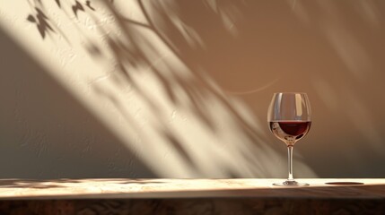 A Bordeaux wine glass rests on a wooden surface, illuminated by gentle afternoon light, creating a serene and minimalist ambiance perfect for wine appreciation