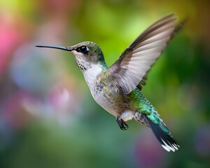 Vibrant Hummingbird in Flight with Blurred Wings and Sharp Body