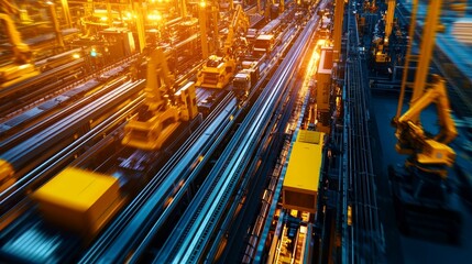 Industrial landscape with robotic arms and moving containers.