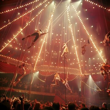 A circus with a group of acrobats performing in the air