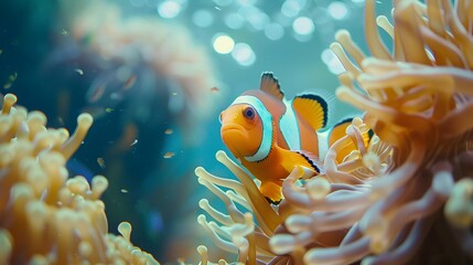 Fototapeta premium Vibrant Underwater Symbiotic Portrait of Clownfish in Anemone