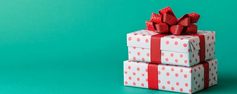 Two festive gifts with red ribbons on a vibrant background.