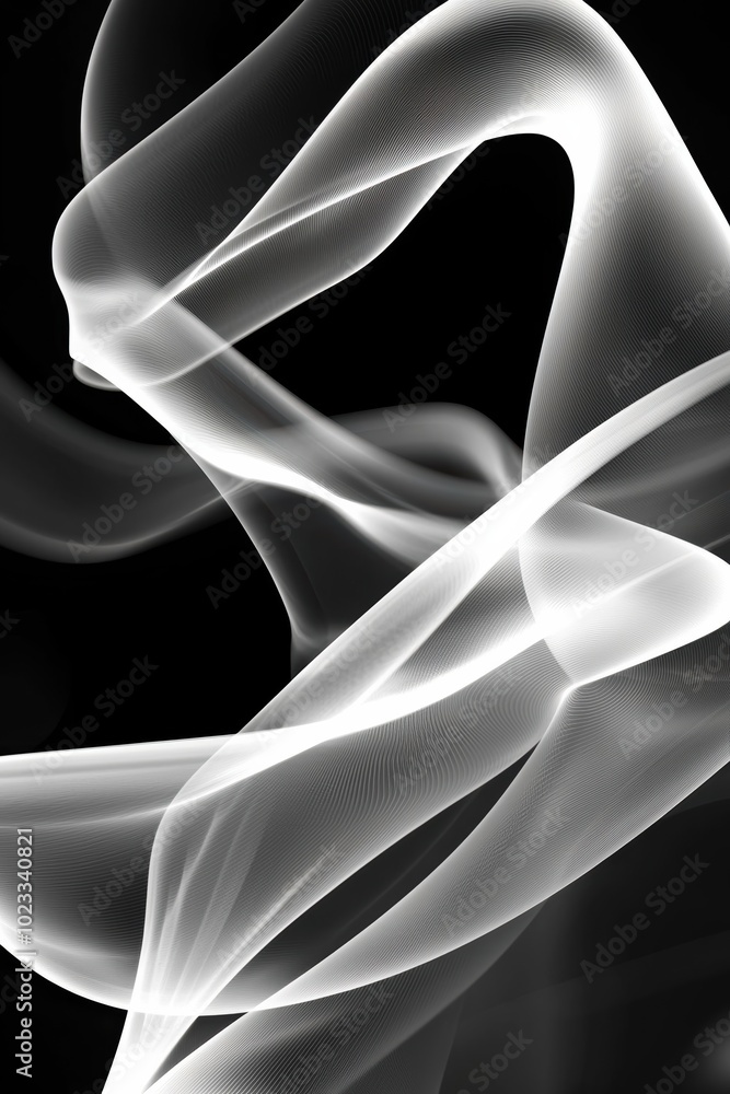 Poster elegant swirling lines in soft white, creating a dynamic and ethereal effect against a dark backgrou