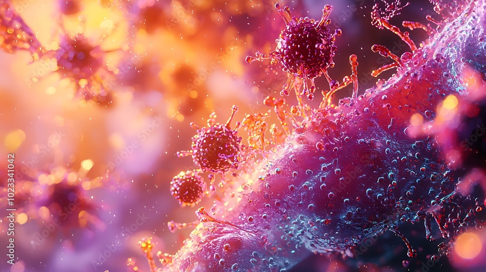 Poster a vibrant, close-up visualization of microscopic entities, showcasing intricate details and colors, 