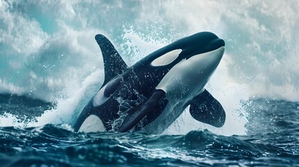 Fototapeta premium Majestic Orca Breaching the Ocean Waves Symbolizing the Freedom of Marine Life
