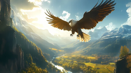 Obraz premium Majestic griffin soaring above a sunlit valley, griffin flight, mythical beauty. Gryphon in Flight. Illustration