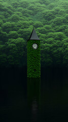 Mesmerizing scene of a clock tower embraced by green ivy, surrounded by water, with a lush forest in the distance, representing the enduring power of nature and the march of time